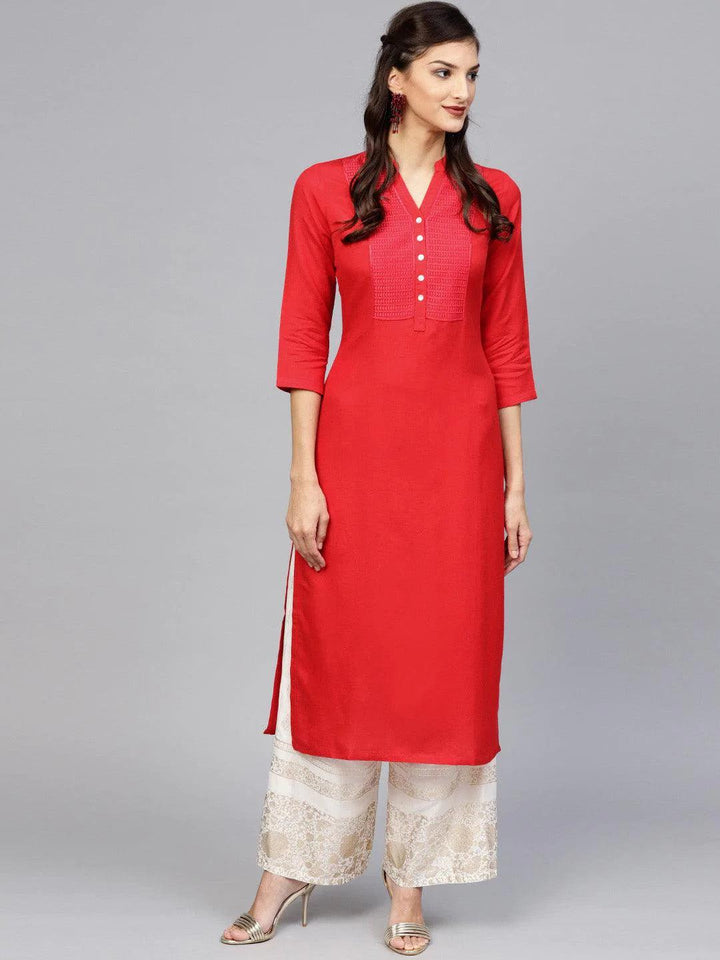 Red Embroidered Rayon Kurta