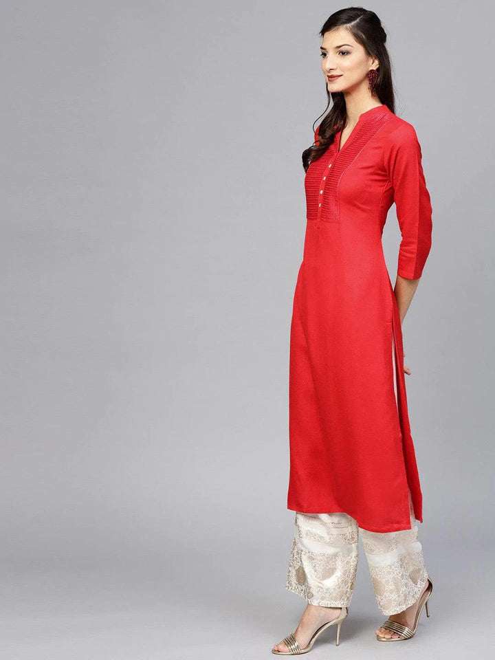 Red Embroidered Rayon Kurta