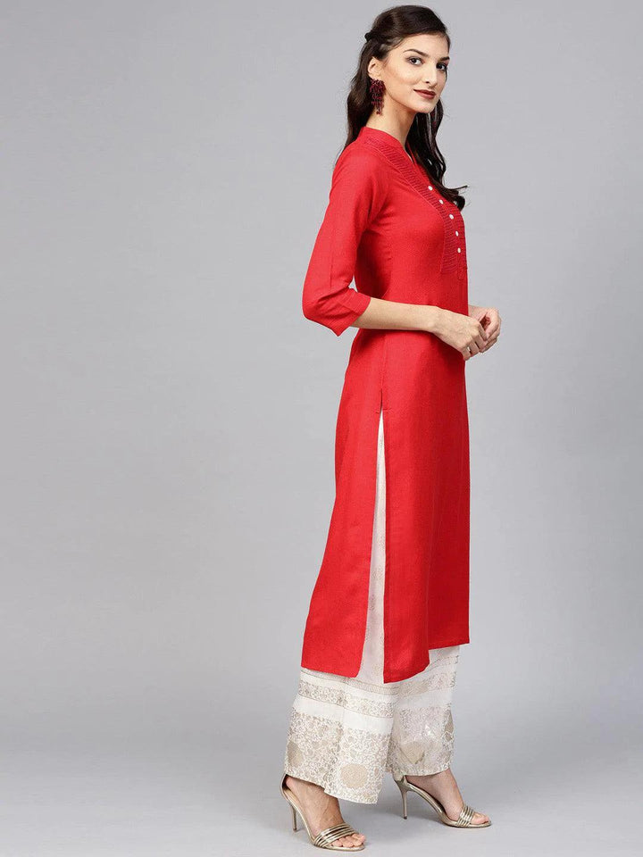 Red Embroidered Rayon Kurta
