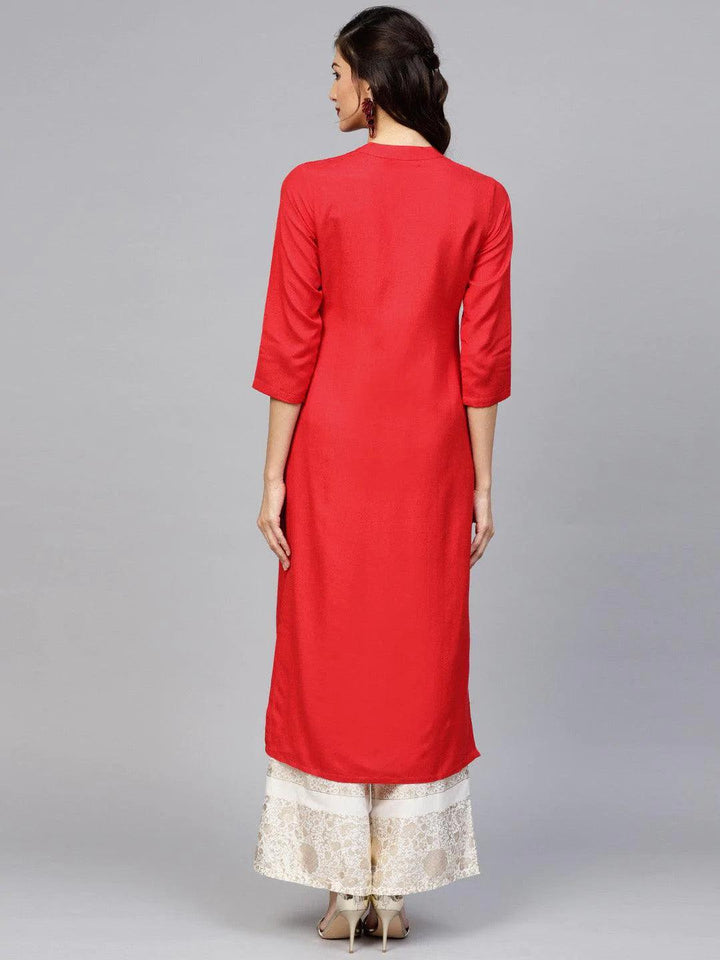 Red Embroidered Rayon Kurta