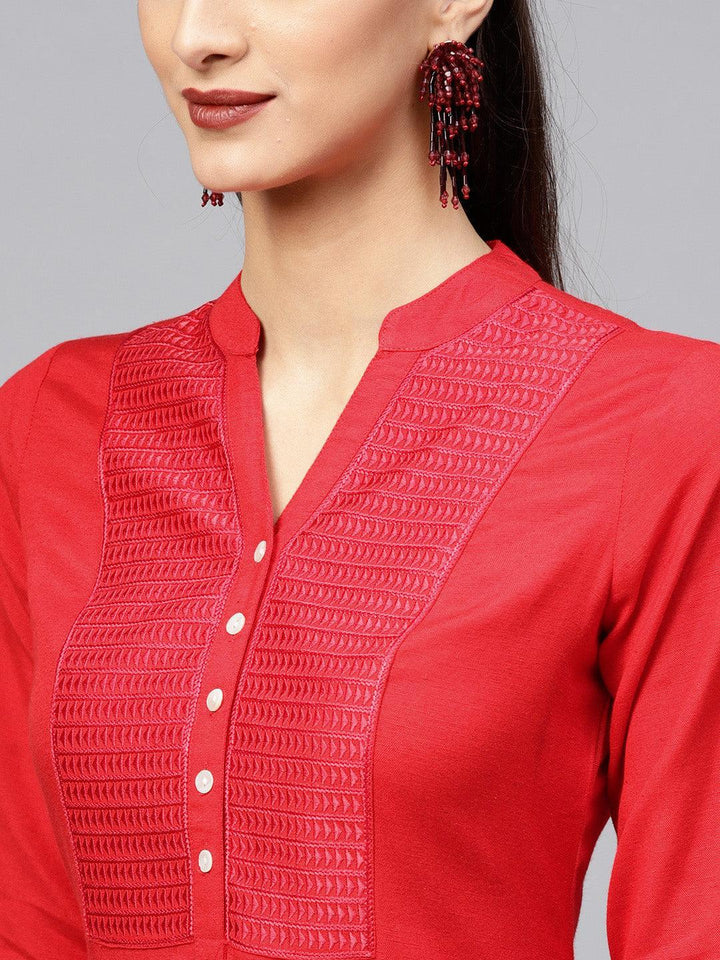 Red Embroidered Rayon Kurta
