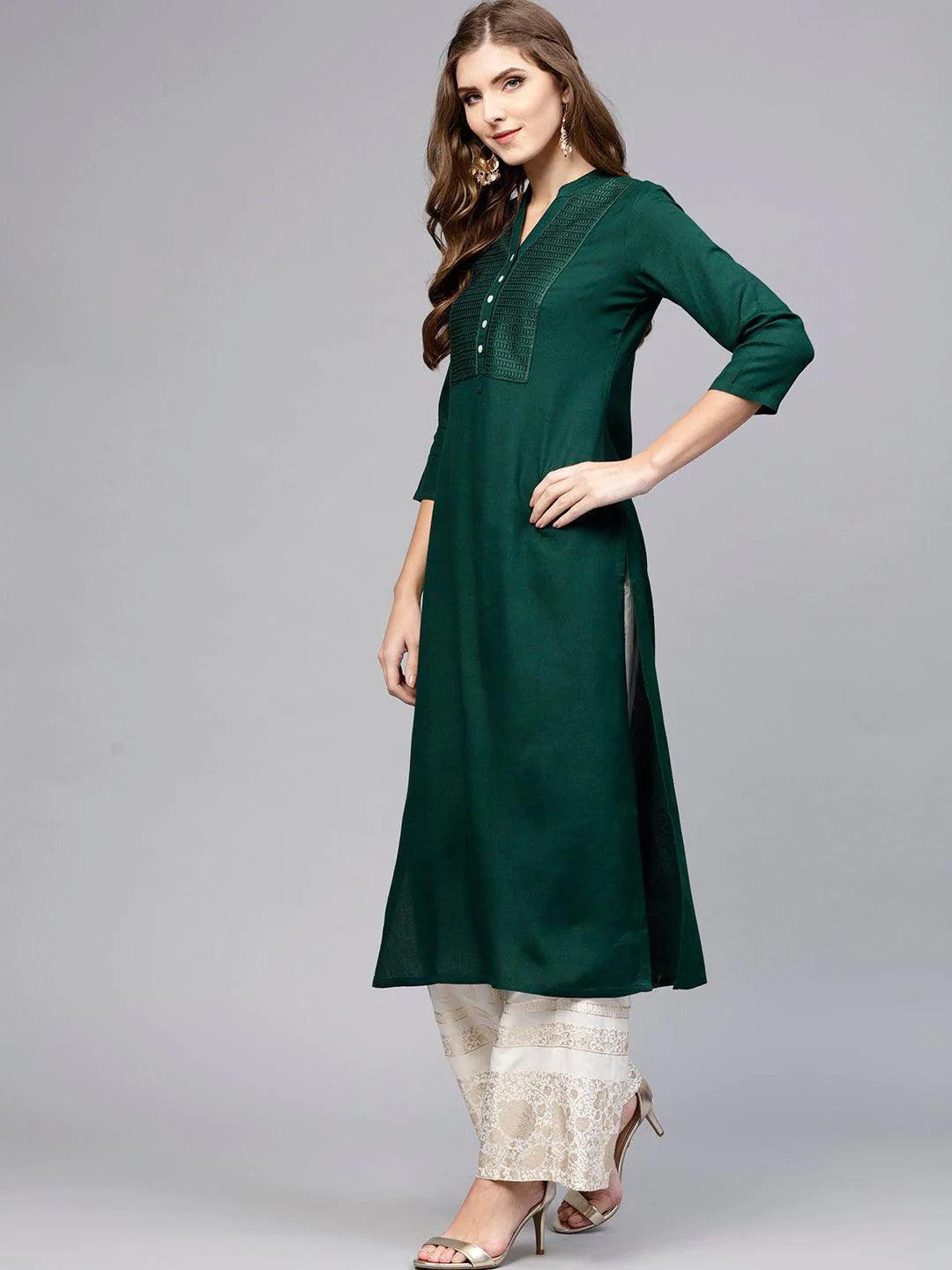 Green Solid Rayon Kurta - ShopLibas