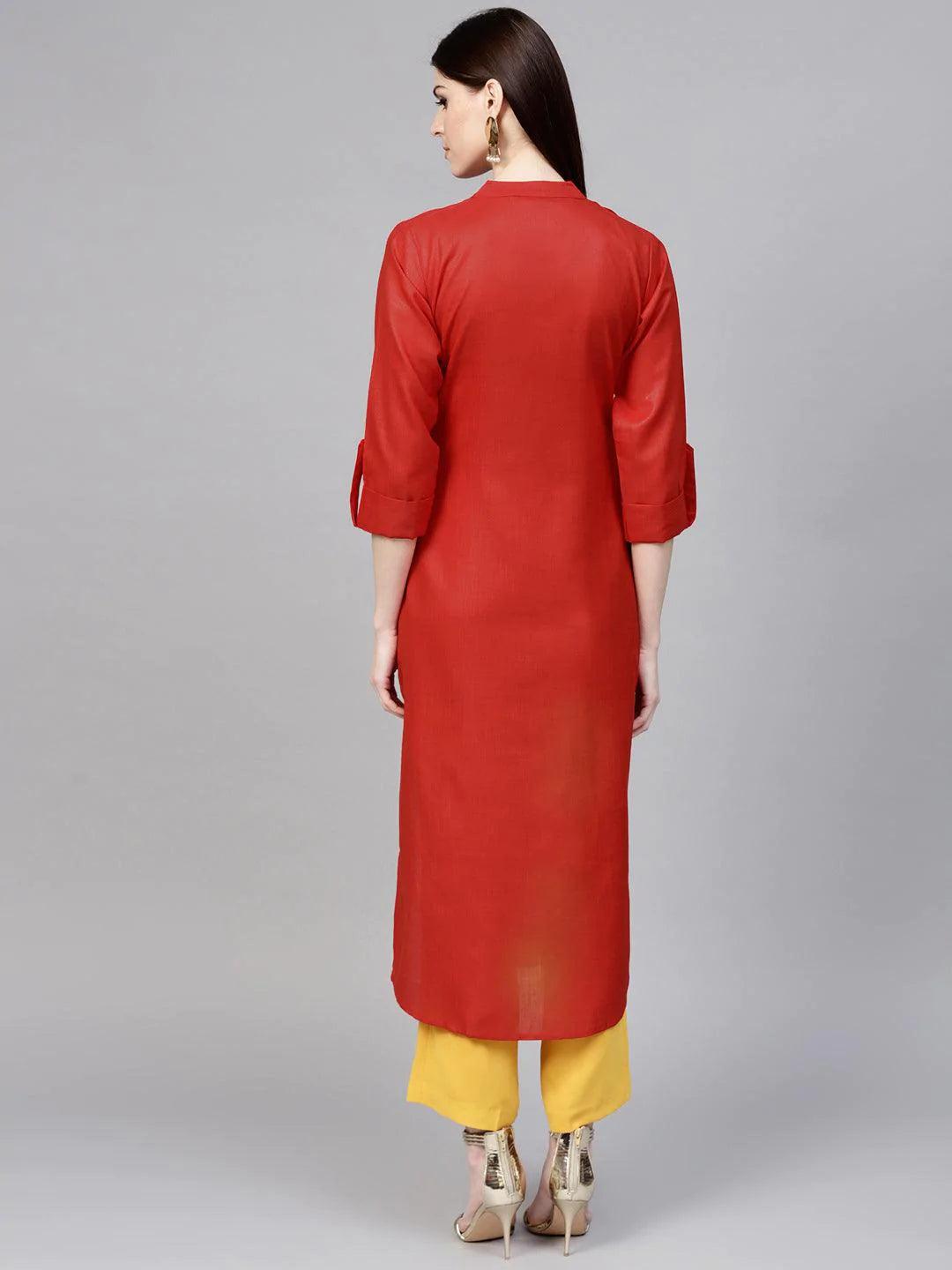 Red Solid Cotton Kurta - ShopLibas