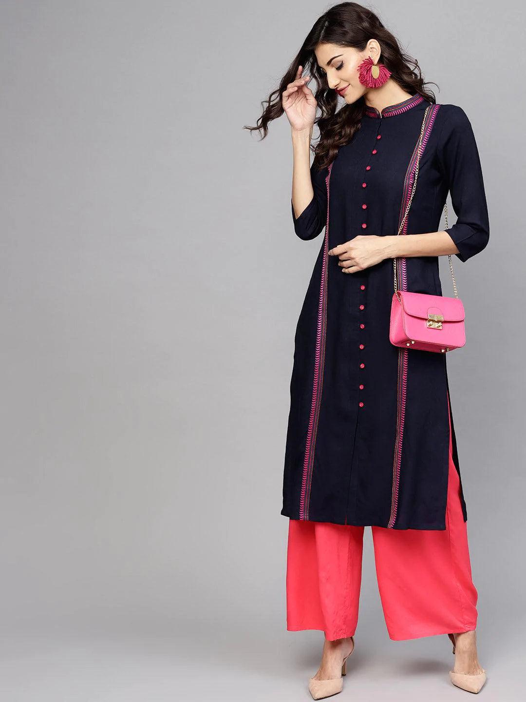Blue Solid Rayon Kurta - ShopLibas