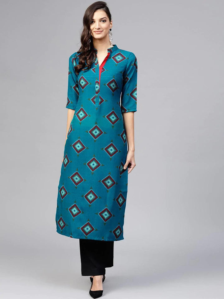 Blue Printed Polyester Kurta