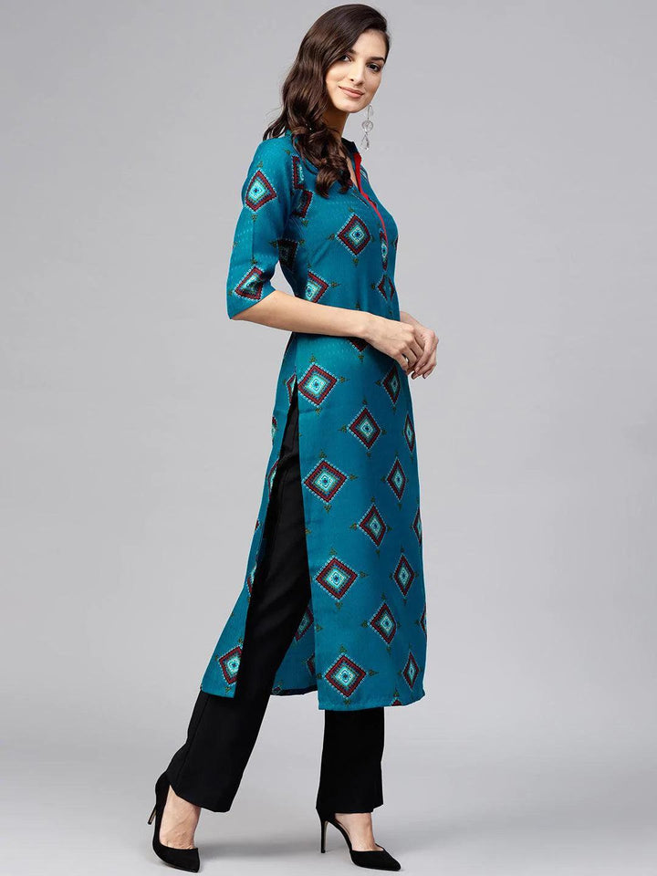 Blue Printed Polyester Kurta