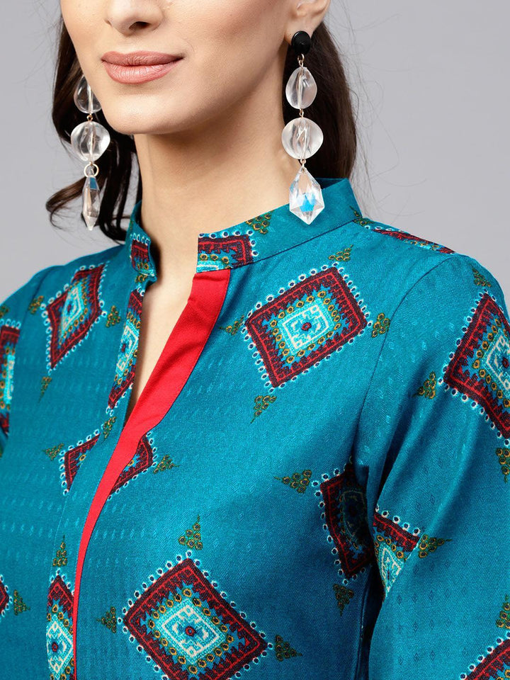 Blue Printed Polyester Kurta