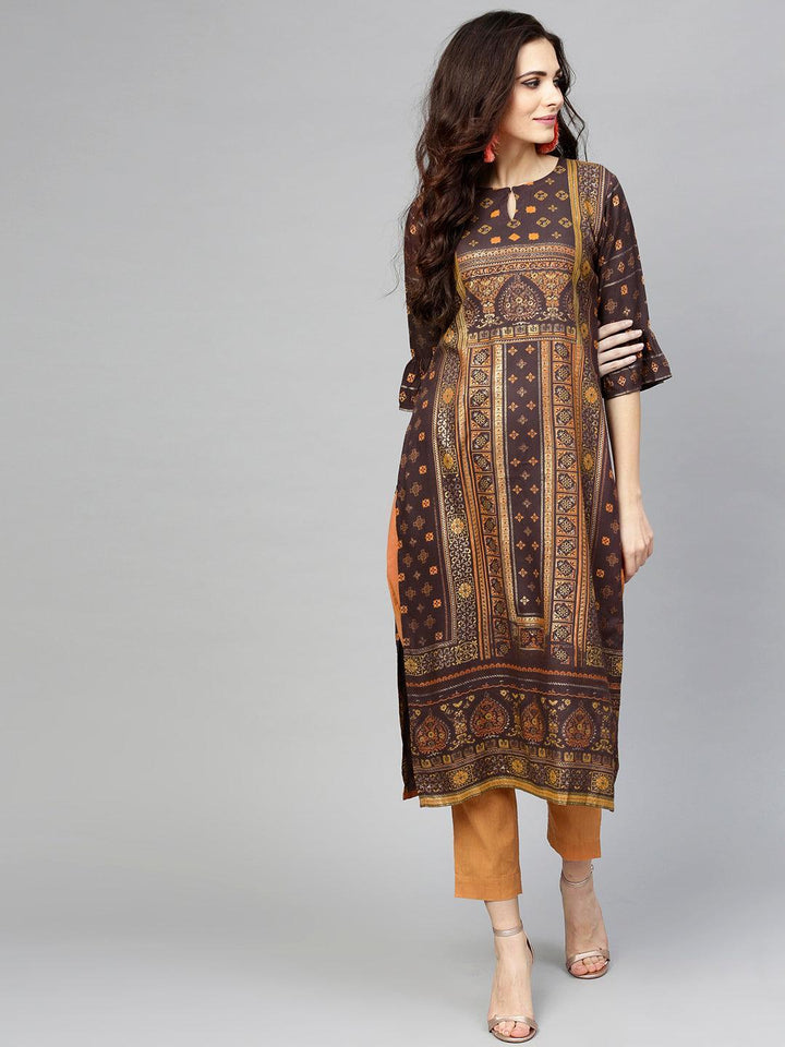 Brown Printed Rayon Kurta