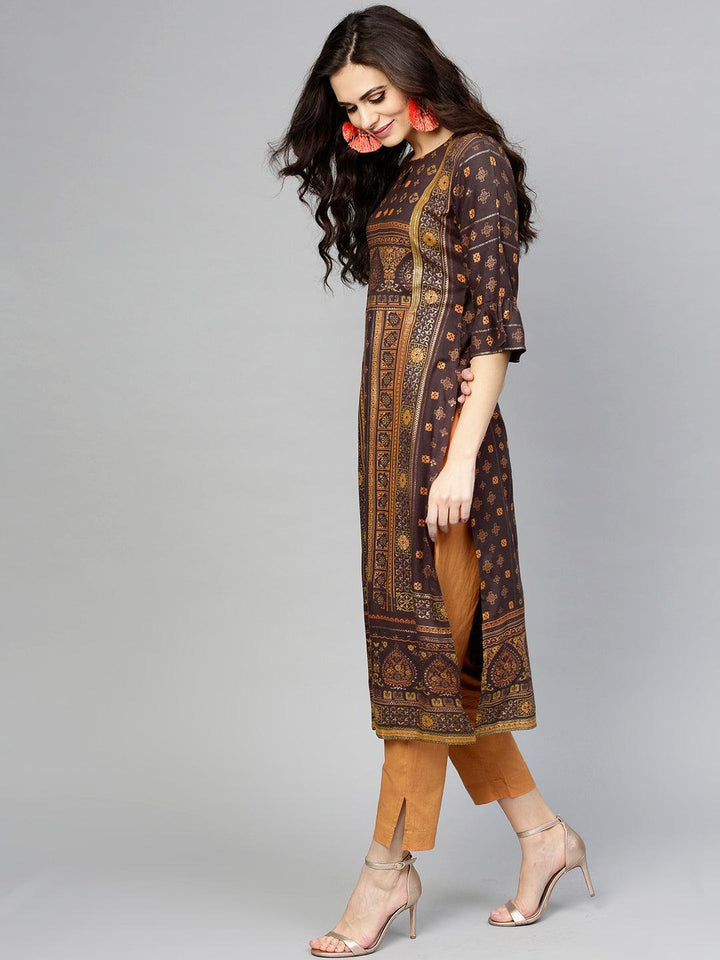 Brown Printed Rayon Kurta