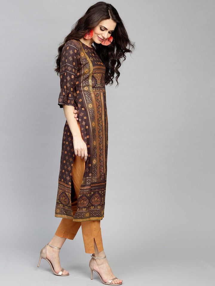 Brown Printed Rayon Kurta