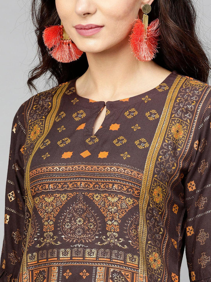 Brown Printed Rayon Kurta