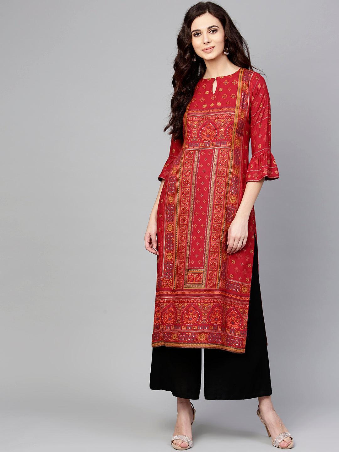 Red Printed Rayon Kurta - ShopLibas