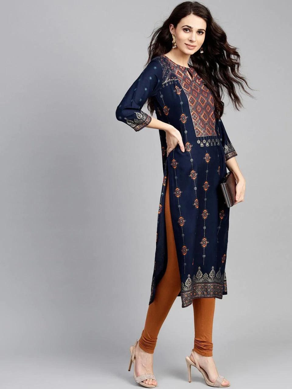 Blue Printed Rayon Kurta - ShopLibas