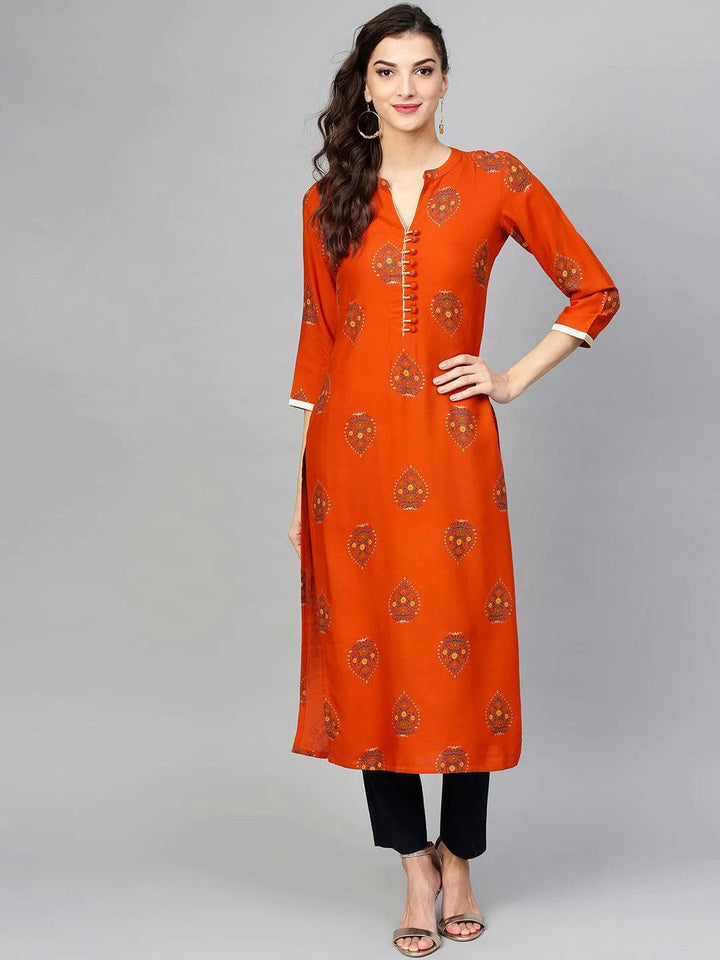 Orange Printed Rayon Kurta