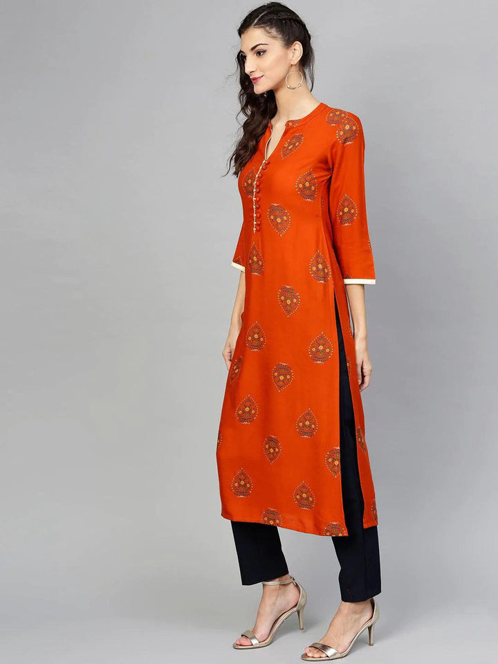 Orange Printed Rayon Kurta