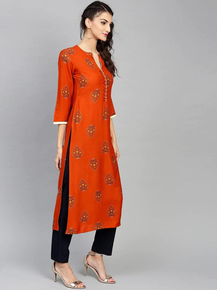 Orange Printed Rayon Kurta