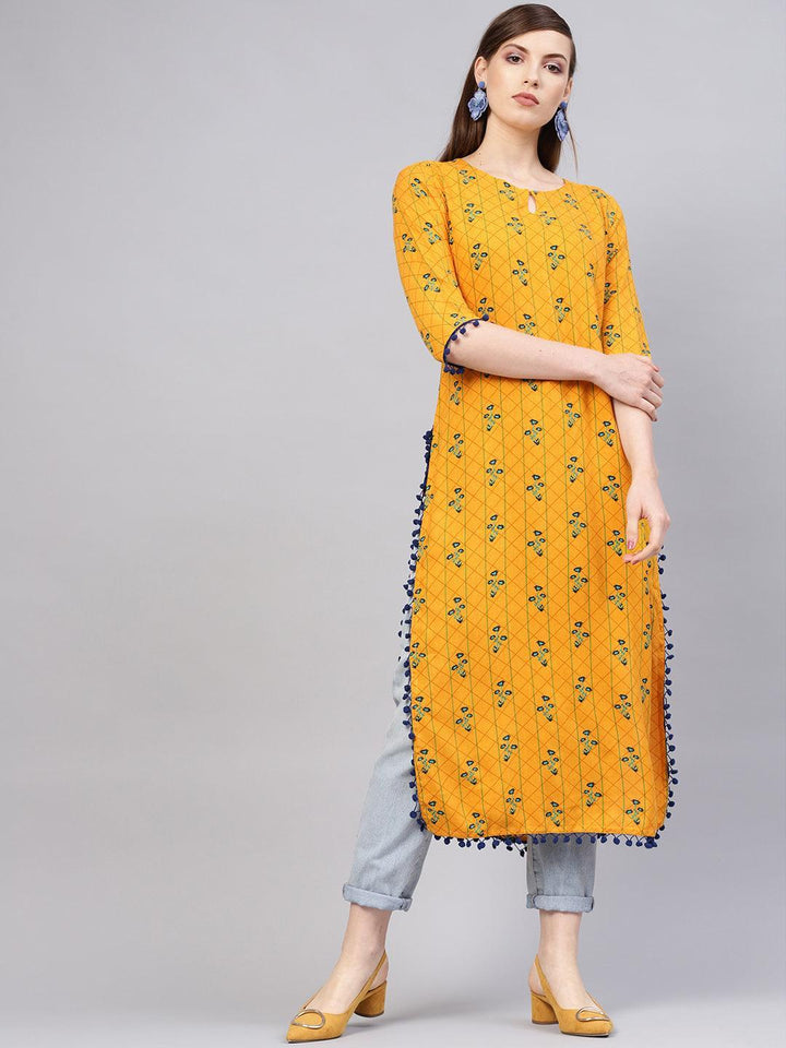 Yellow Printed Rayon Kurta