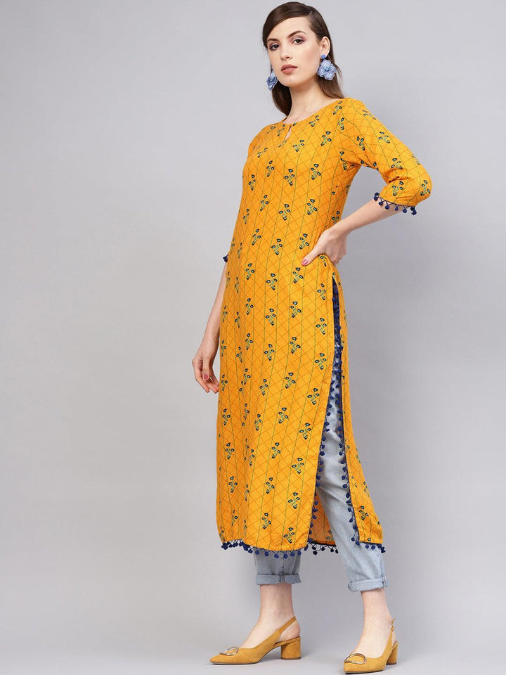 Yellow Printed Rayon Kurta