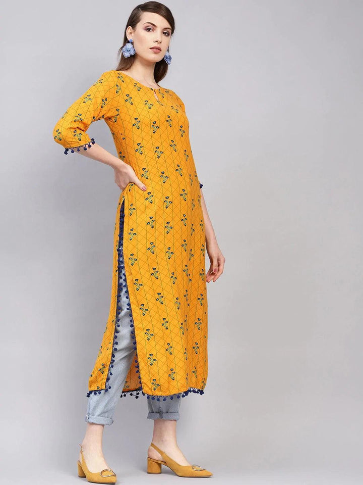 Yellow Printed Rayon Kurta
