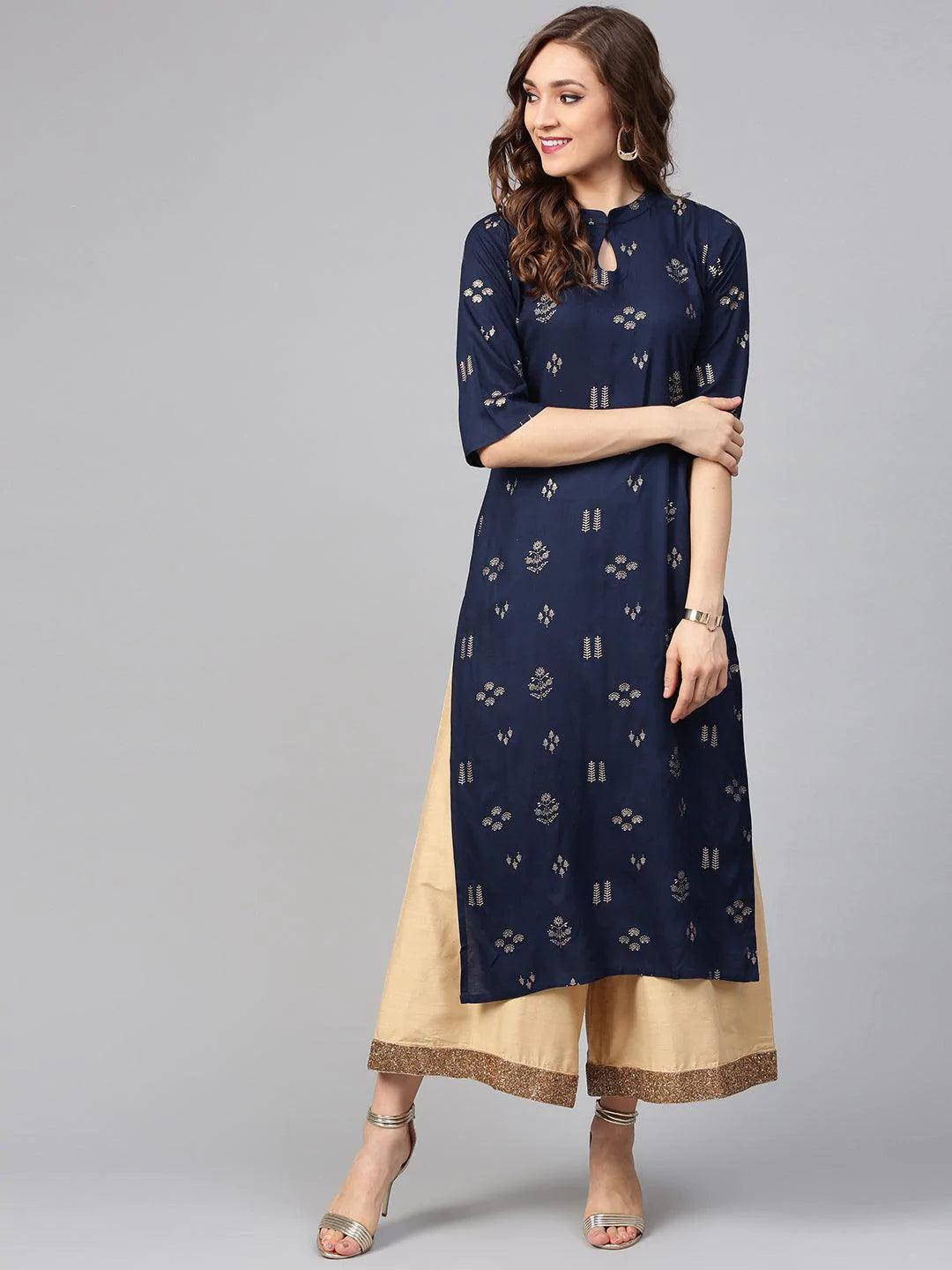 Blue Printed Rayon Kurta - ShopLibas