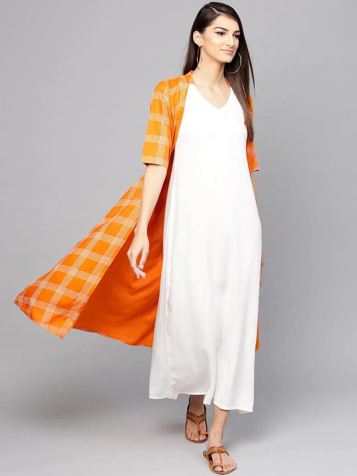Orange Checkered Rayon Dress With Jacket