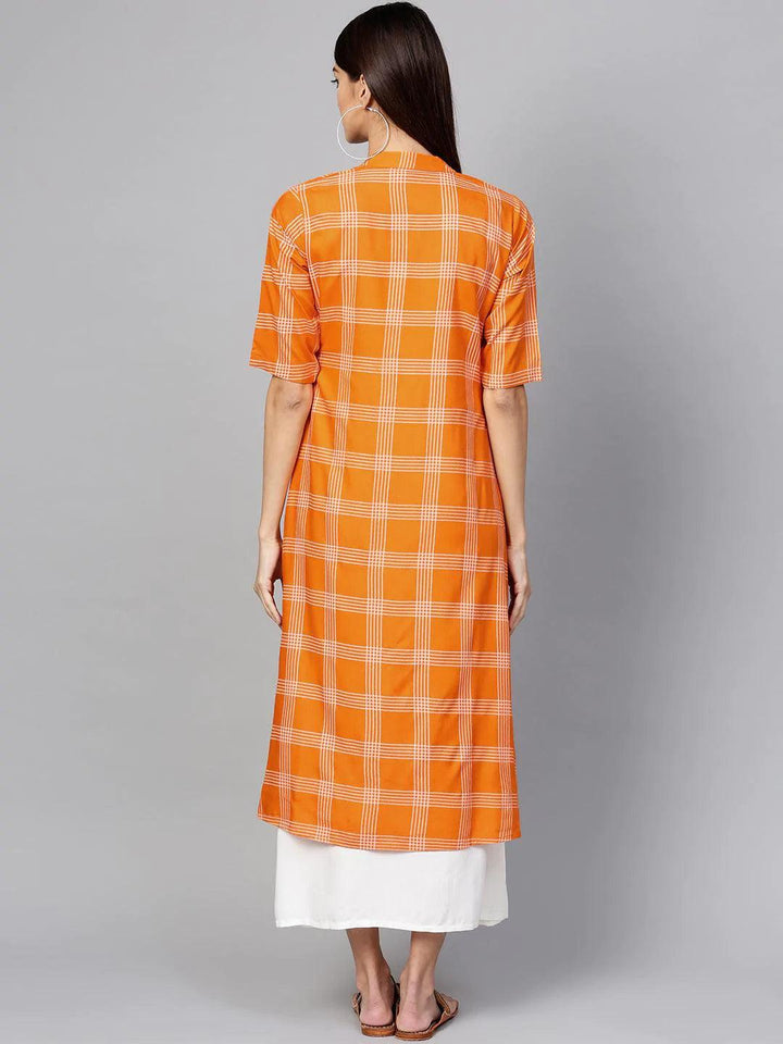 Orange Checkered Rayon Dress With Jacket