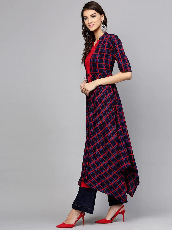 Red Checkered Rayon Kurta With Jacket