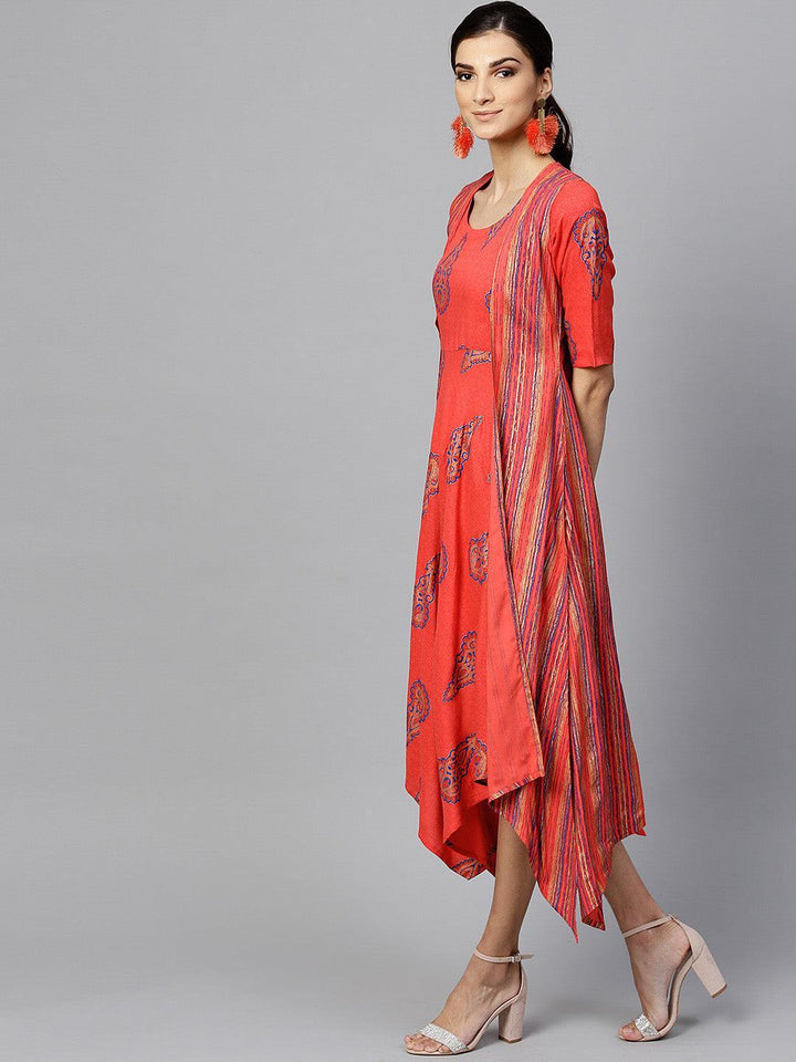 Red Printed Rayon Dress With Jacket