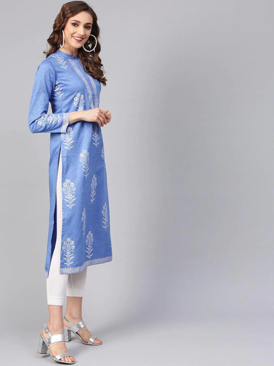 Blue Printed Cotton Kurta - ShopLibas