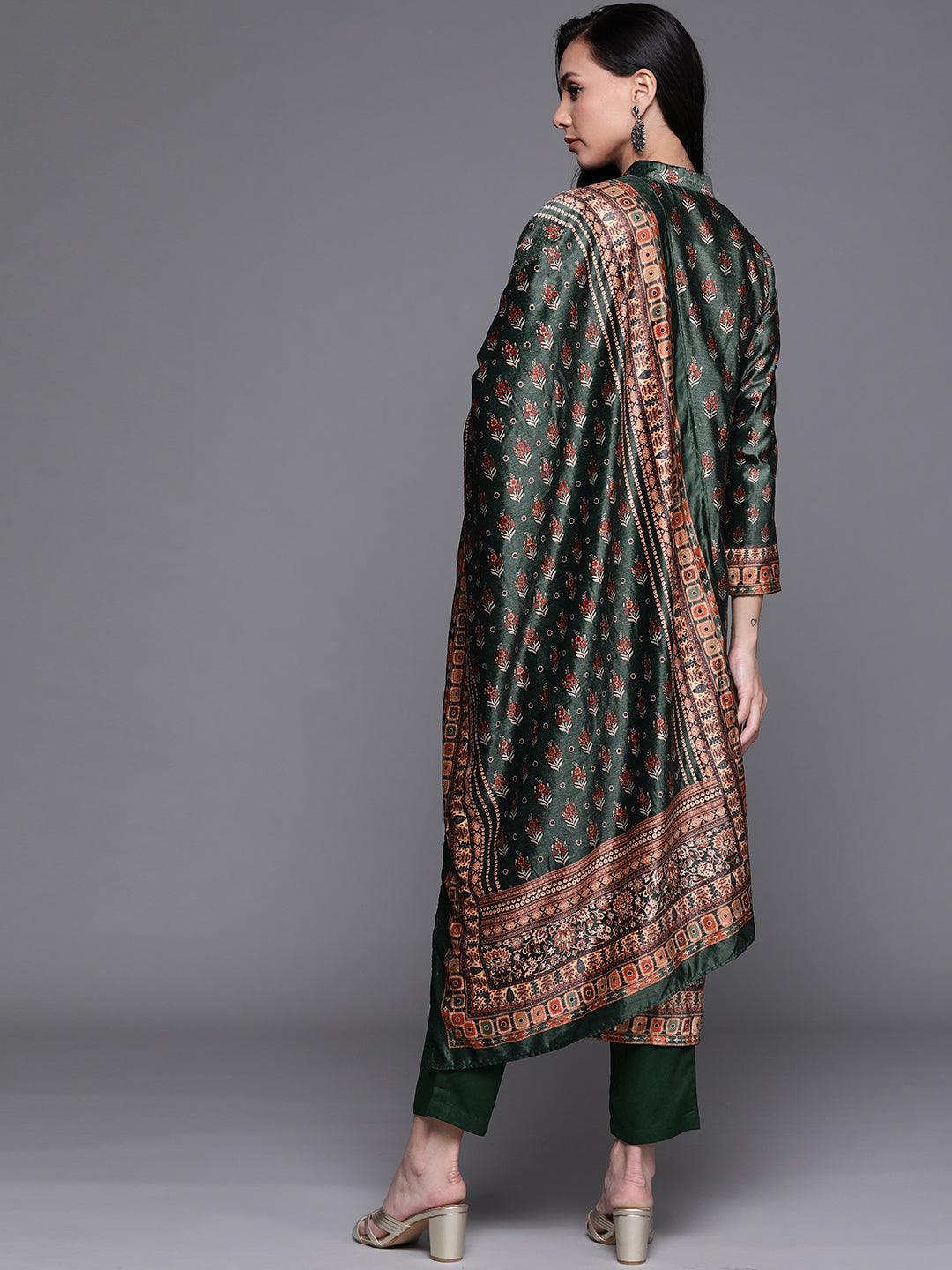 Green Printed Velvet Suit Set - ShopLibas