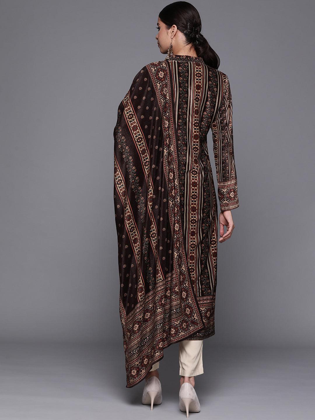 Navy Blue Printed Velvet Suit Set - ShopLibas