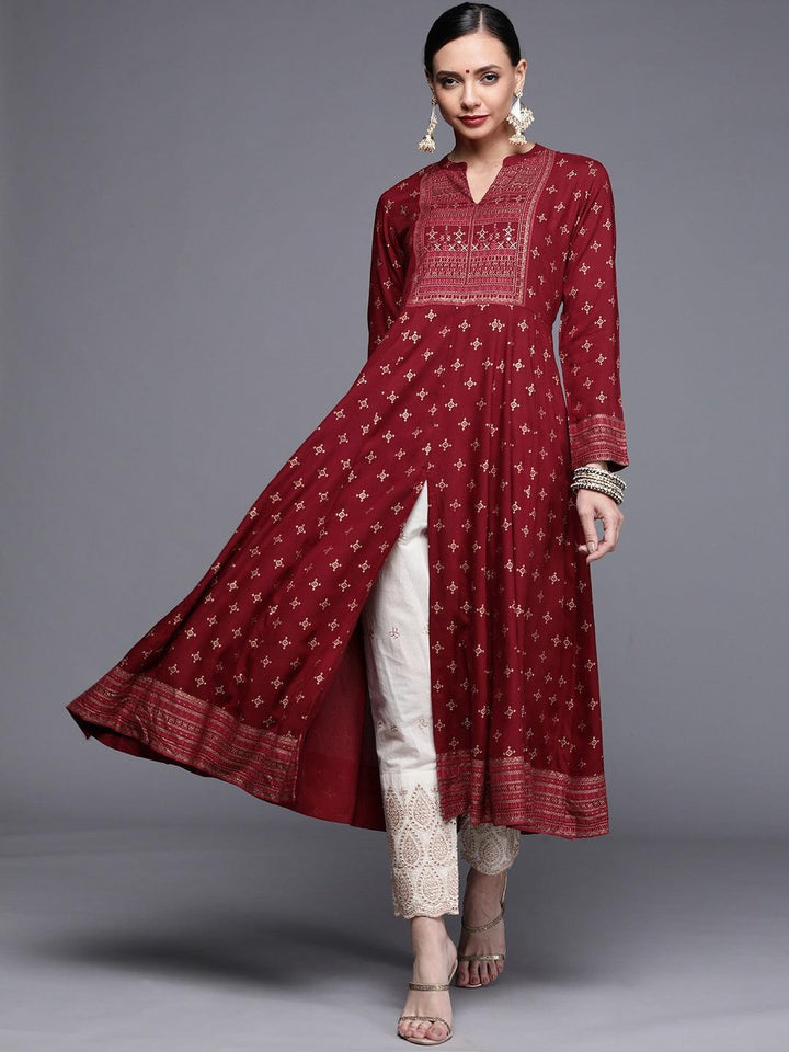 Maroon Printed Rayon Kurta