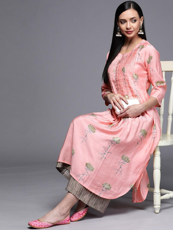 Pink Printed Chanderi Silk Kurta