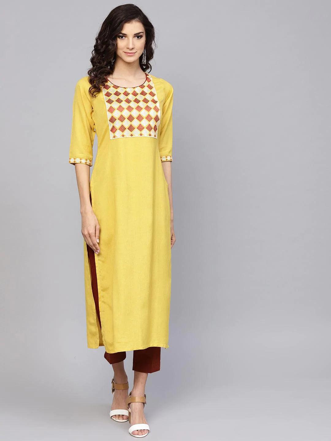 Yellow Printed Rayon Kurta - ShopLibas