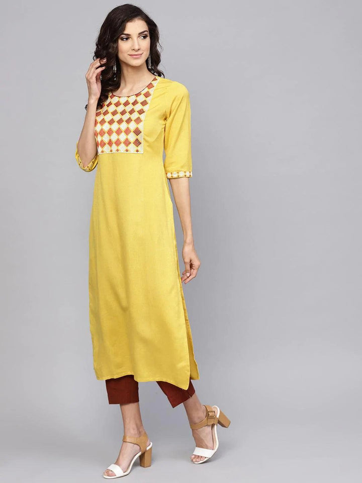 Yellow Printed Rayon Kurta