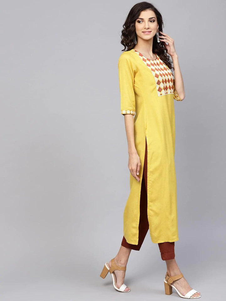 Yellow Printed Rayon Kurta