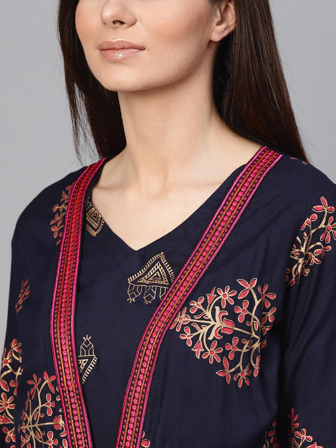Blue Printed Rayon Dress With Jacket - ShopLibas