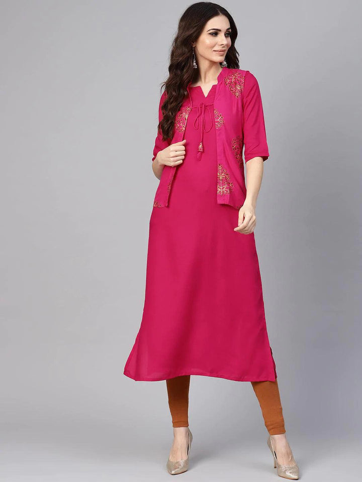 Pink Solid Rayon Kurta With Jacket