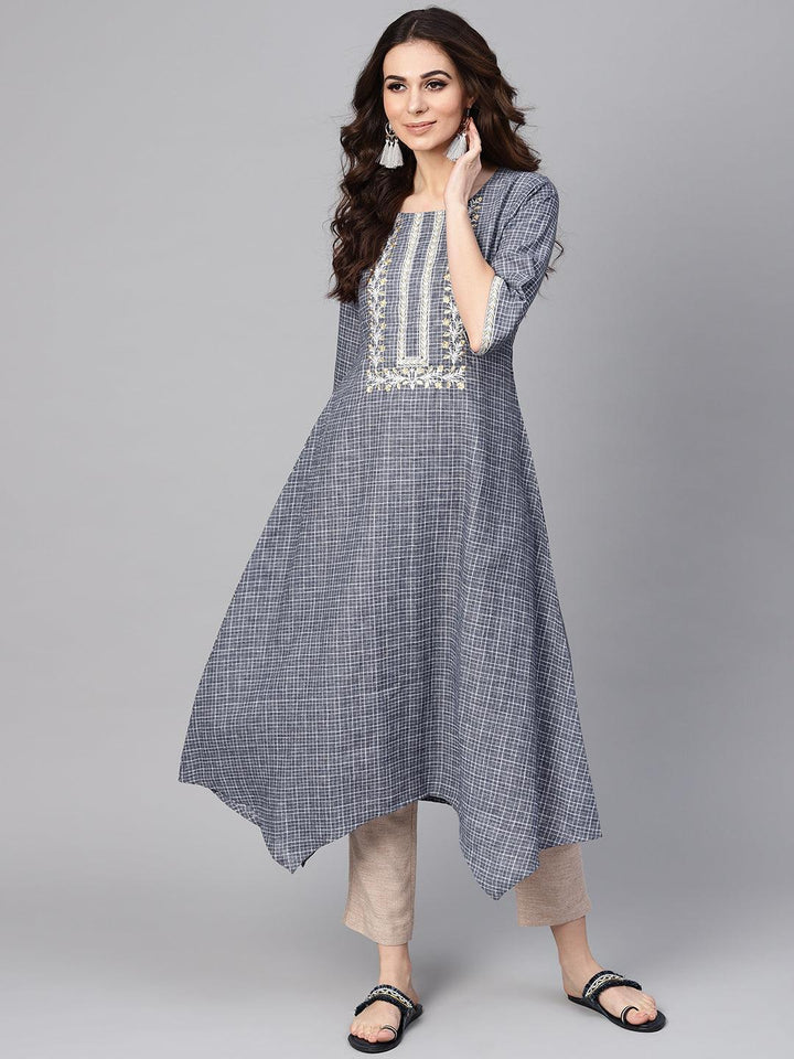 Grey Checkered Cotton Kurta