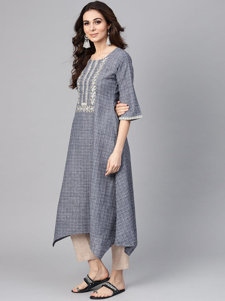 Grey Checkered Cotton Kurta