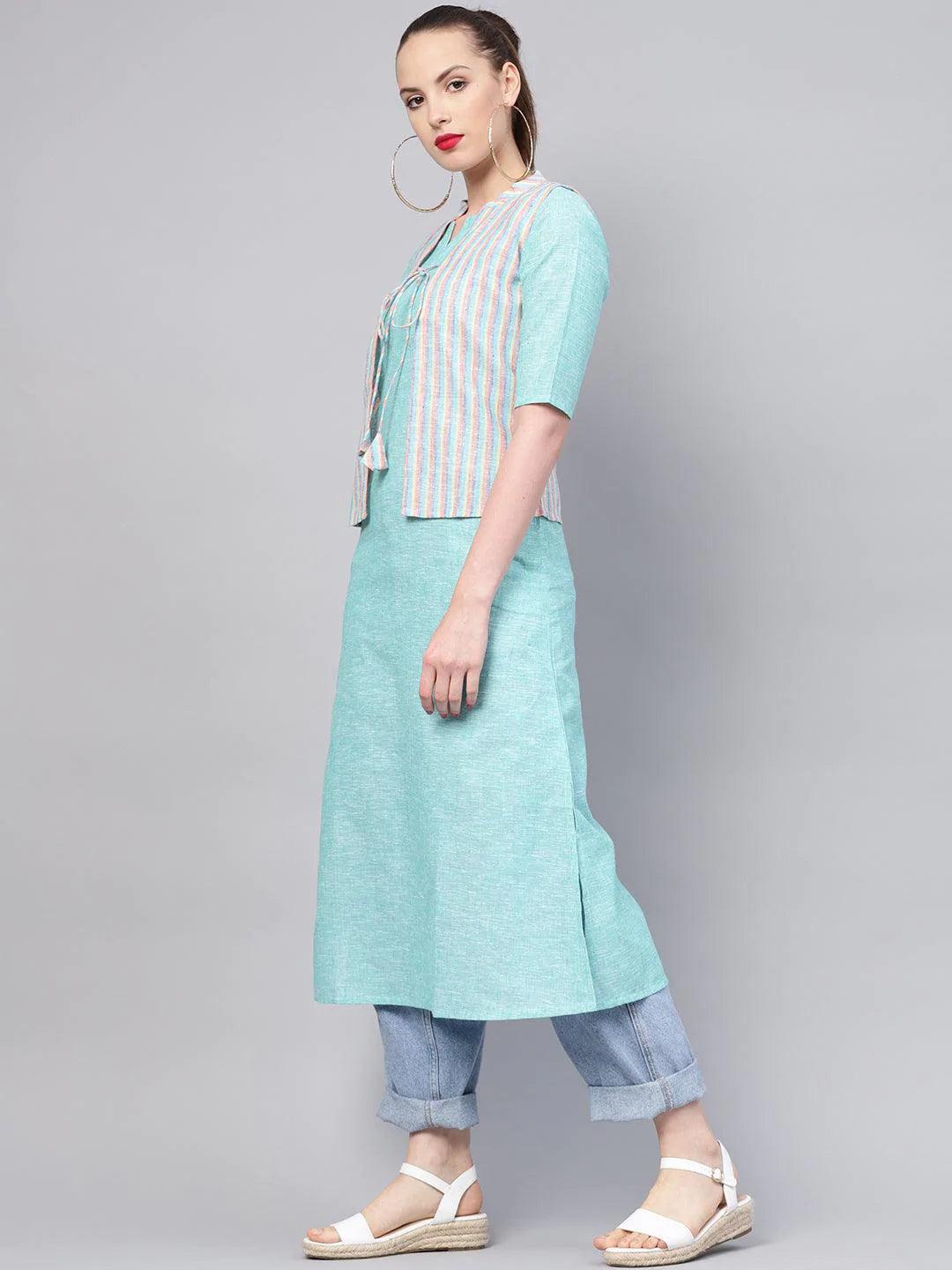 Blue Solid Cotton Kurta With Jacket - ShopLibas