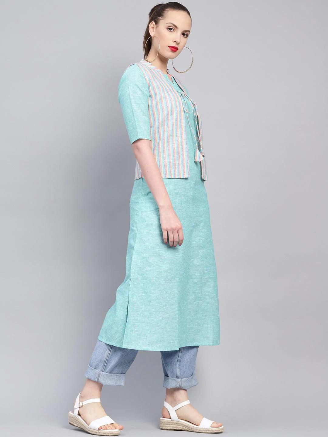 Blue Solid Cotton Kurta With Jacket - ShopLibas