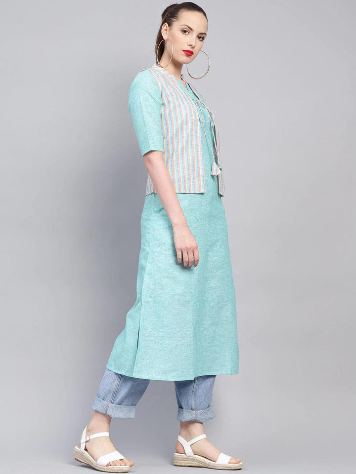 Blue Solid Cotton Kurta With Jacket