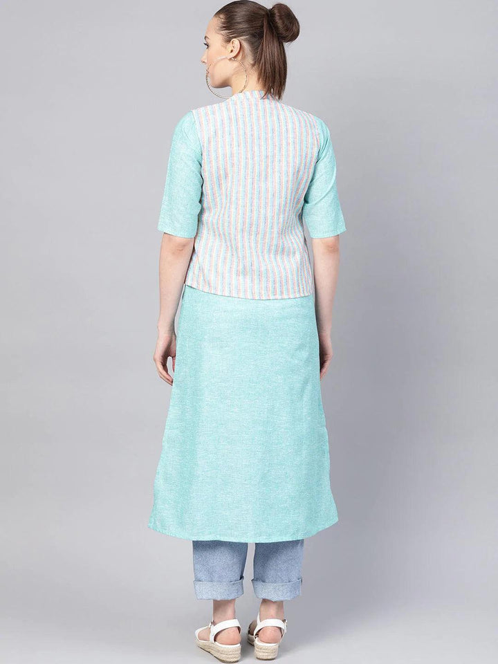 Blue Solid Cotton Kurta With Jacket
