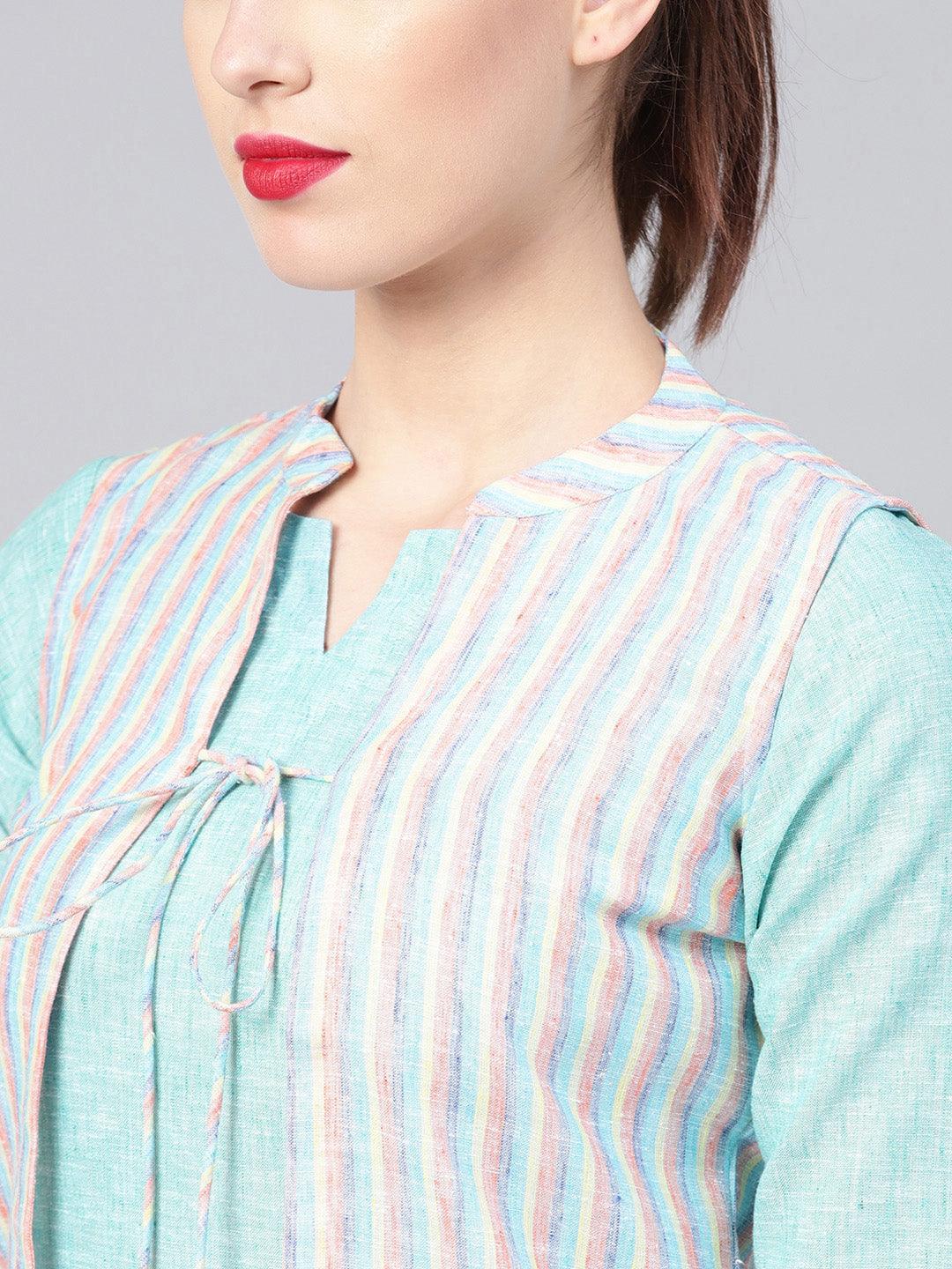 Blue Solid Cotton Kurta With Jacket - ShopLibas