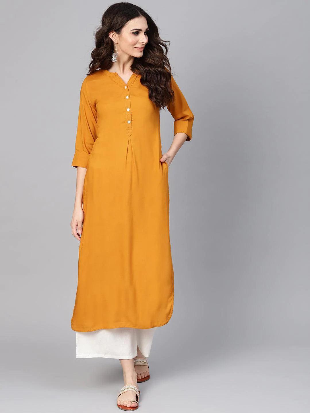 Mustard Solid Rayon Kurta - ShopLibas