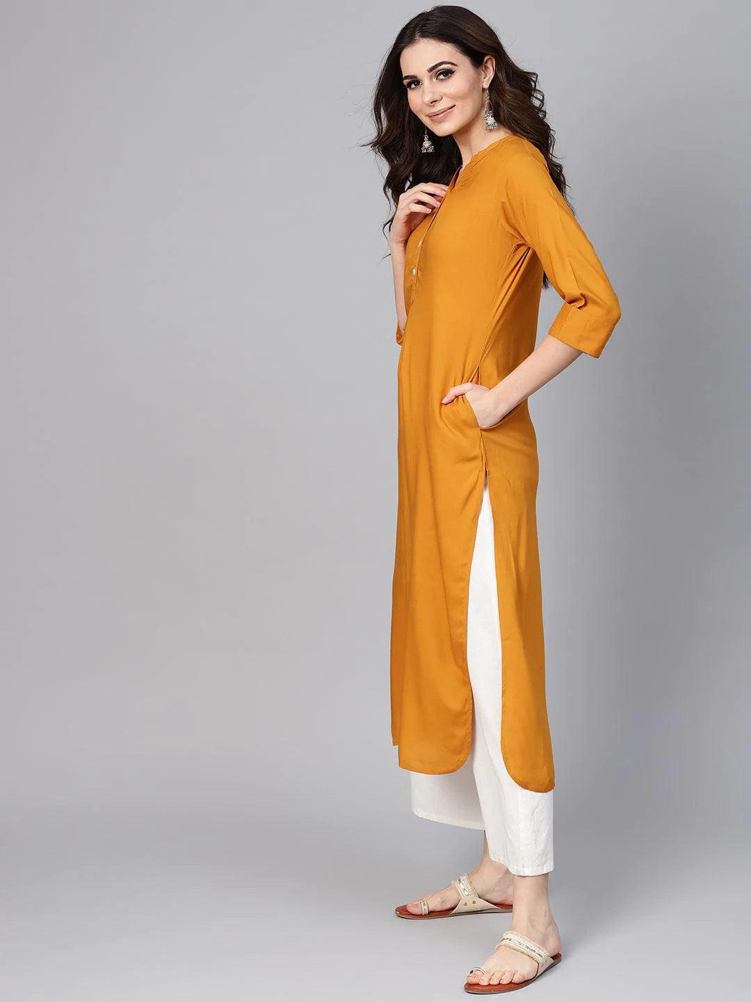 Mustard Solid Rayon Kurta - ShopLibas