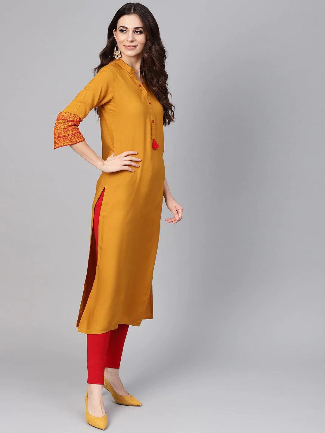 Mustard Embroidered Rayon Kurta - ShopLibas