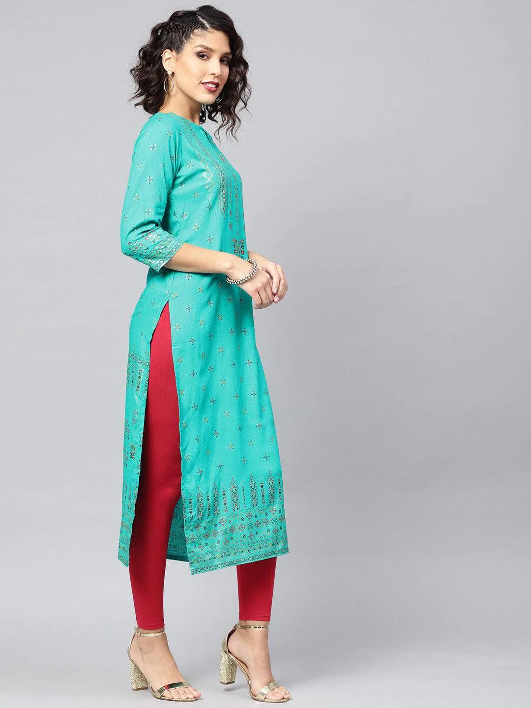 Green Printed Rayon Kurta - ShopLibas