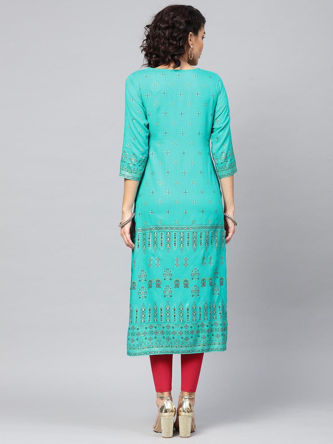 Green Printed Rayon Kurta - ShopLibas